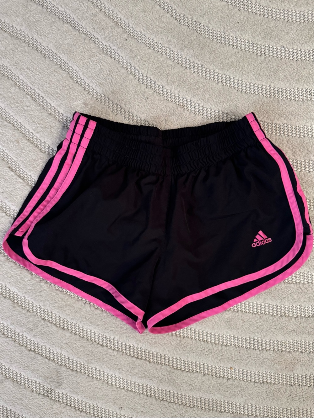 ADIDAS Women’s Marathon 20 Black Athletic Shorts with Pink Stripes